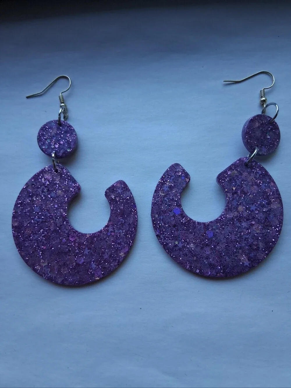 Hand Crafted Purple Glitter Crescent Drop Earrings - Jewelry By Vinnie